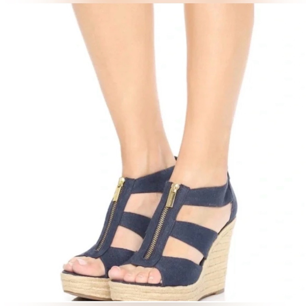 Michael Kors Navy Espadrille Wedge Sandals Gold Zip Platform Size 7 - Picture 3 of 6